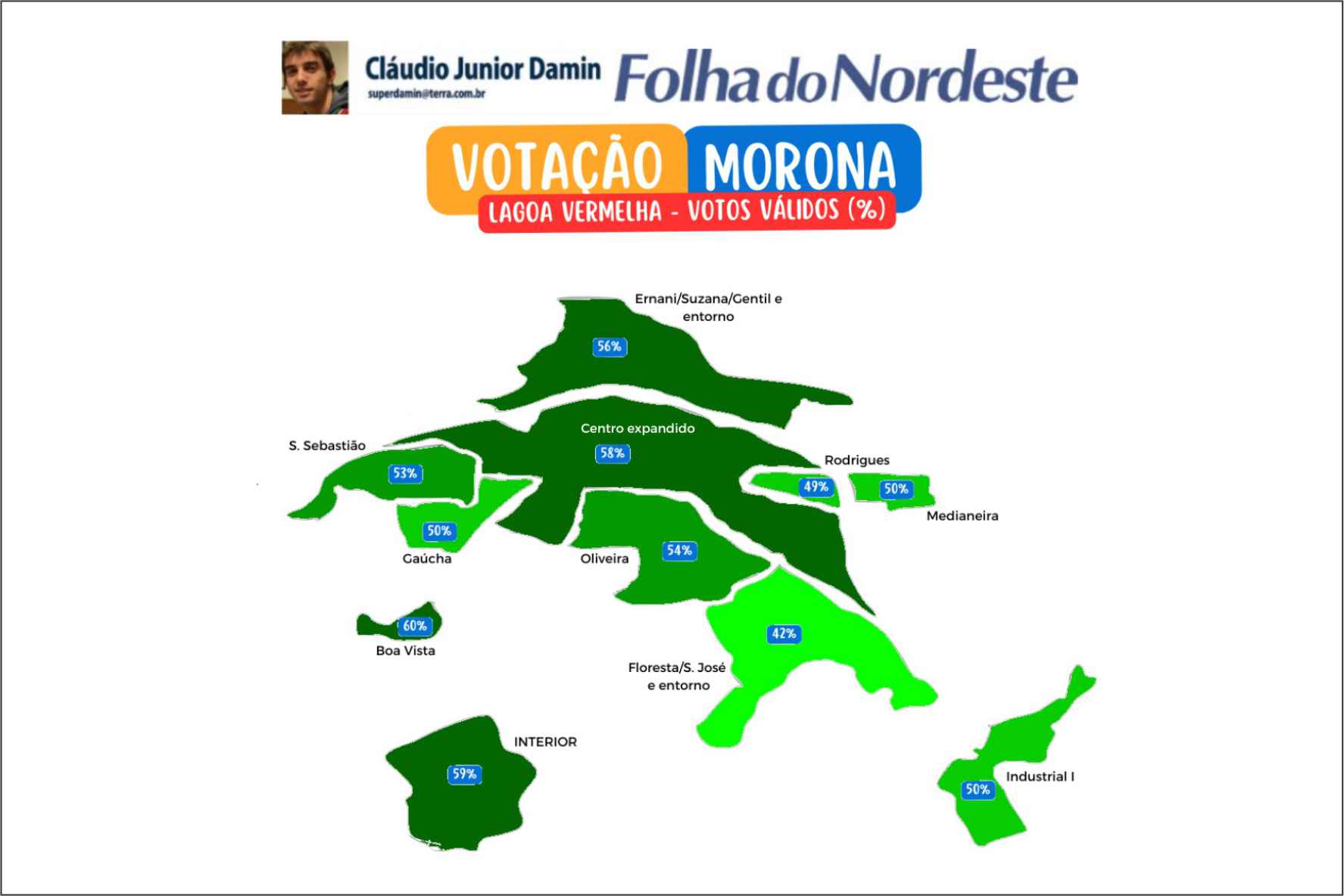 Mapa apresenta o desempenho eleitoral do prefeito eleito Eloir Morona (PP) no município de Lagoa Vermelha