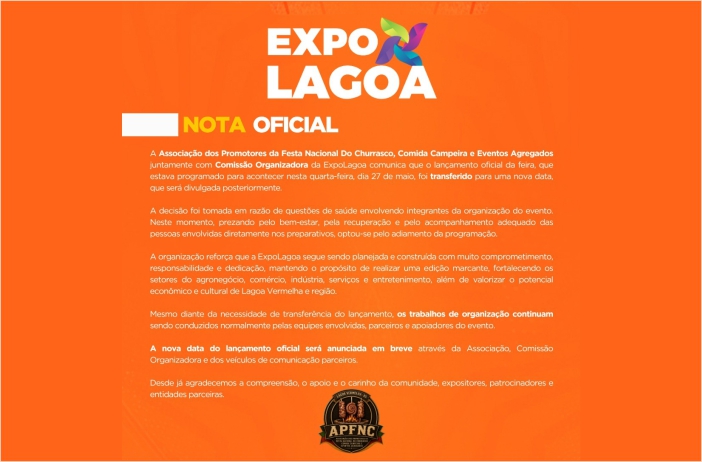 Lançamento oficial da ExpoLagoa é transferido para nova data